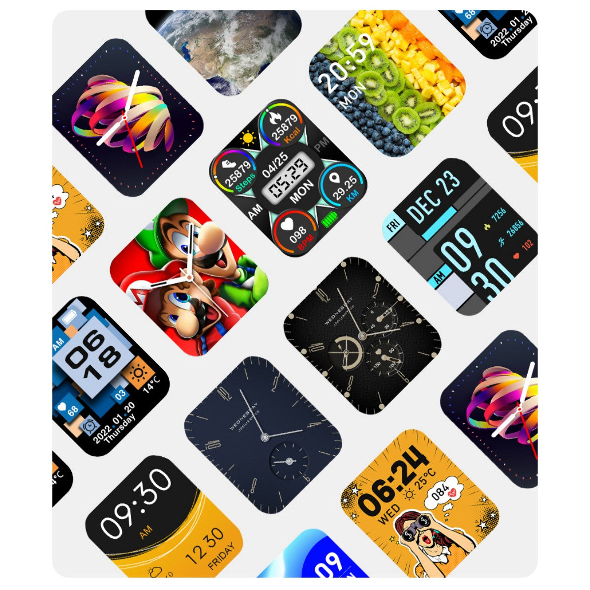 AWEI H21 Smart Watch customizable watch faces with various themes, offering personalization for different styles and preferences.