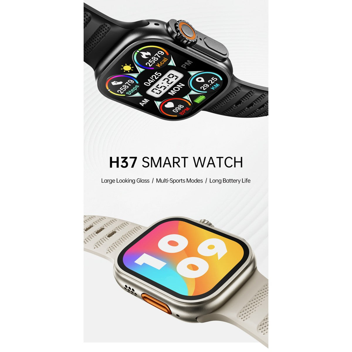 Close-up of AWEI H37 Smart Watch in black and white variants, showcasing large HD display and stylish design for modern tech wearers.