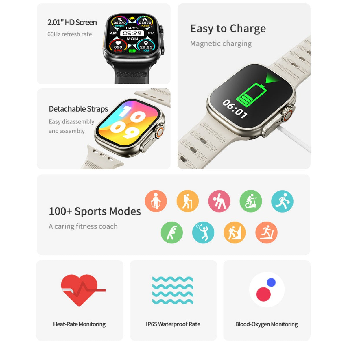 Feature overview of AWEI H37 Smart Watch with detachable straps, magnetic charging, and over 100 sports modes for active lifestyles.
