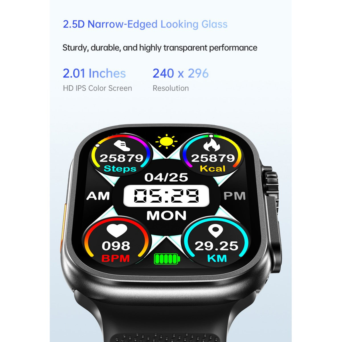 Detailed view of AWEI H37 Smart Watch screen showing step count, heart rate, and distance metrics on a 2.01-inch HD IPS display.