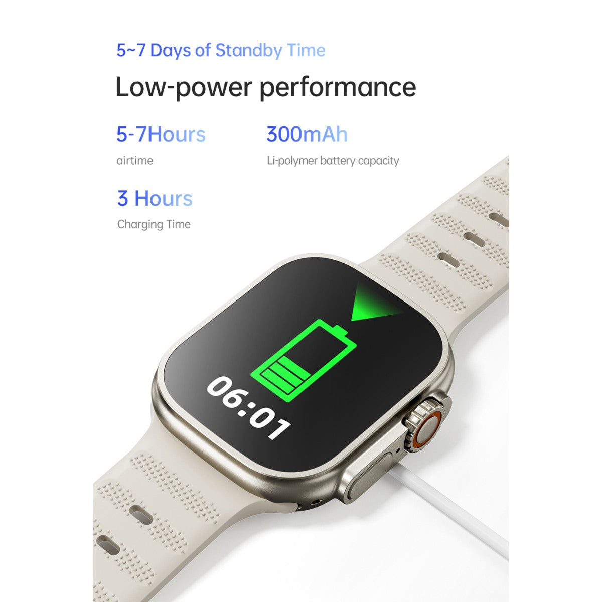 Battery performance of AWEI H37 Smart Watch with 300mAh capacity, offering 5–7 days standby and 3 hours charging time for convenience.