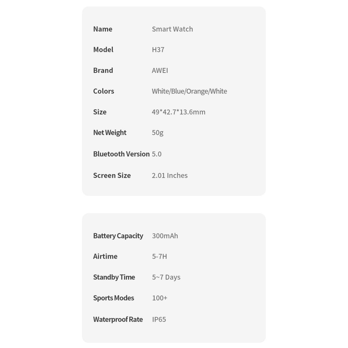 Technical specifications of AWEI H37 Smart Watch including size, weight, Bluetooth 5.0, IP65 waterproof rating, and 2.01-inch screen.