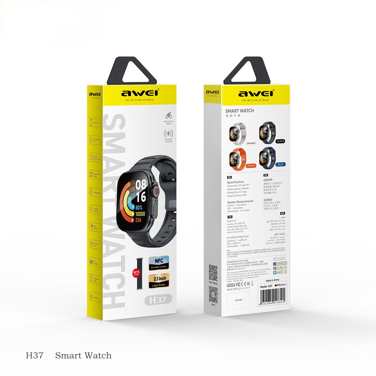 Retail box of AWEI H37 Smart Watch in black, highlighting key features like Bluetooth 5.0, IP65 waterproof rating, and multi-sports modes.