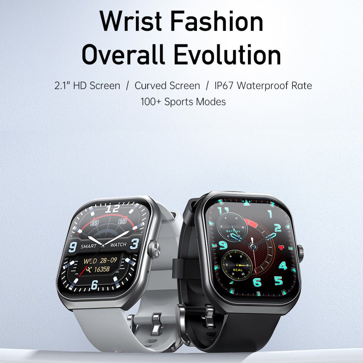 AWEI H46 Outdoor Smart Watch in black and silver variants with 2.1-inch HD curved screen, IP67 waterproof rating, and 100+ sports modes.