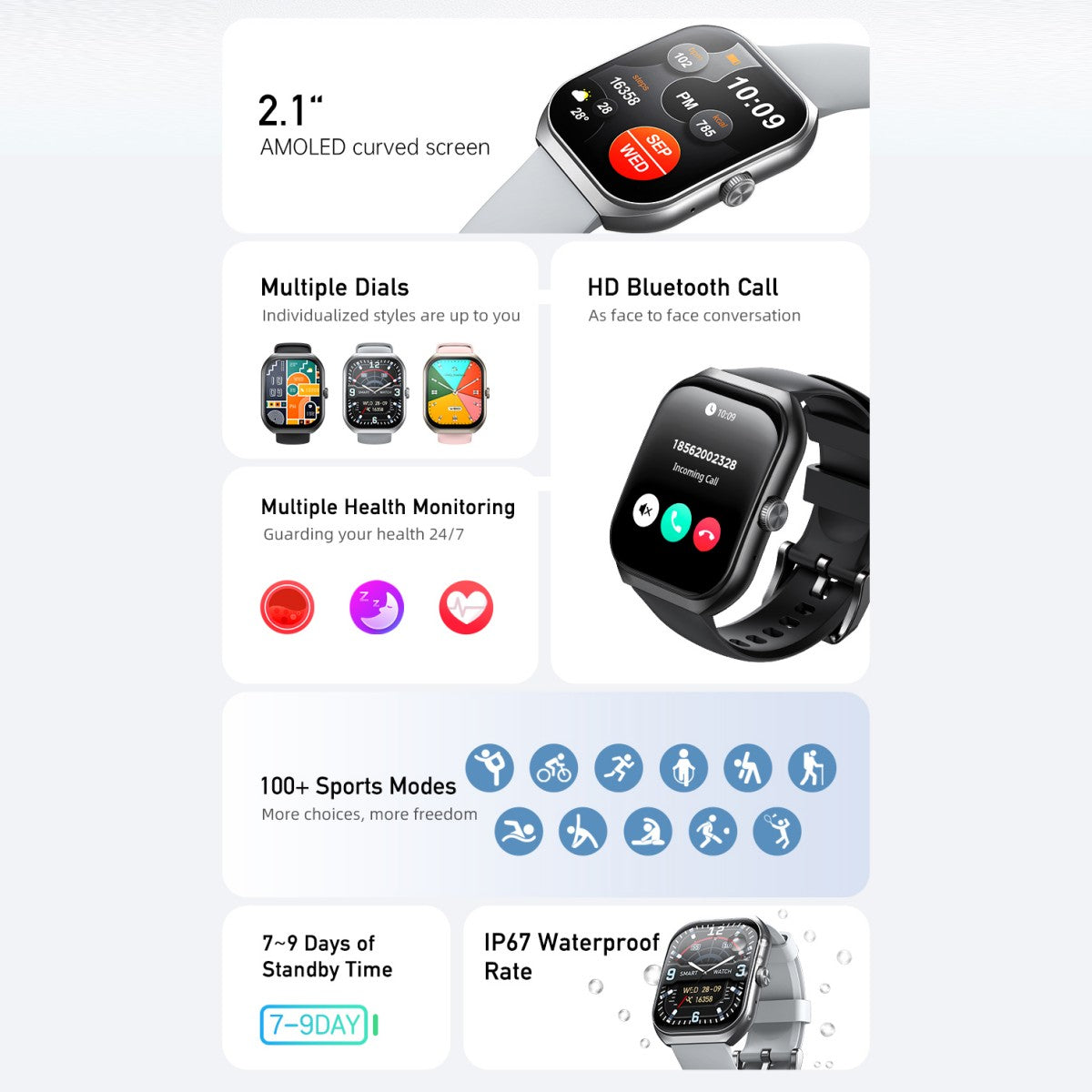 AWEI H46 Smart Watch features including AMOLED curved screen, Bluetooth calling, health monitoring, and 7-9 day standby time.