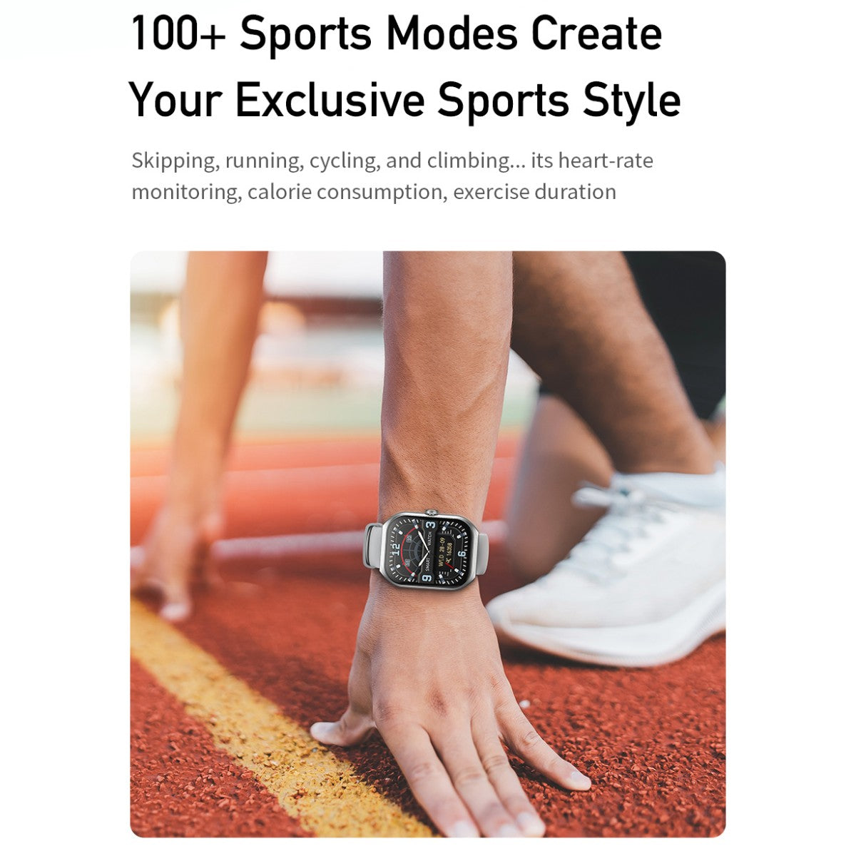 AWEI H46 Outdoor Smart Watch worn by athlete on track, supporting 100+ sports modes including running and heart-rate tracking.