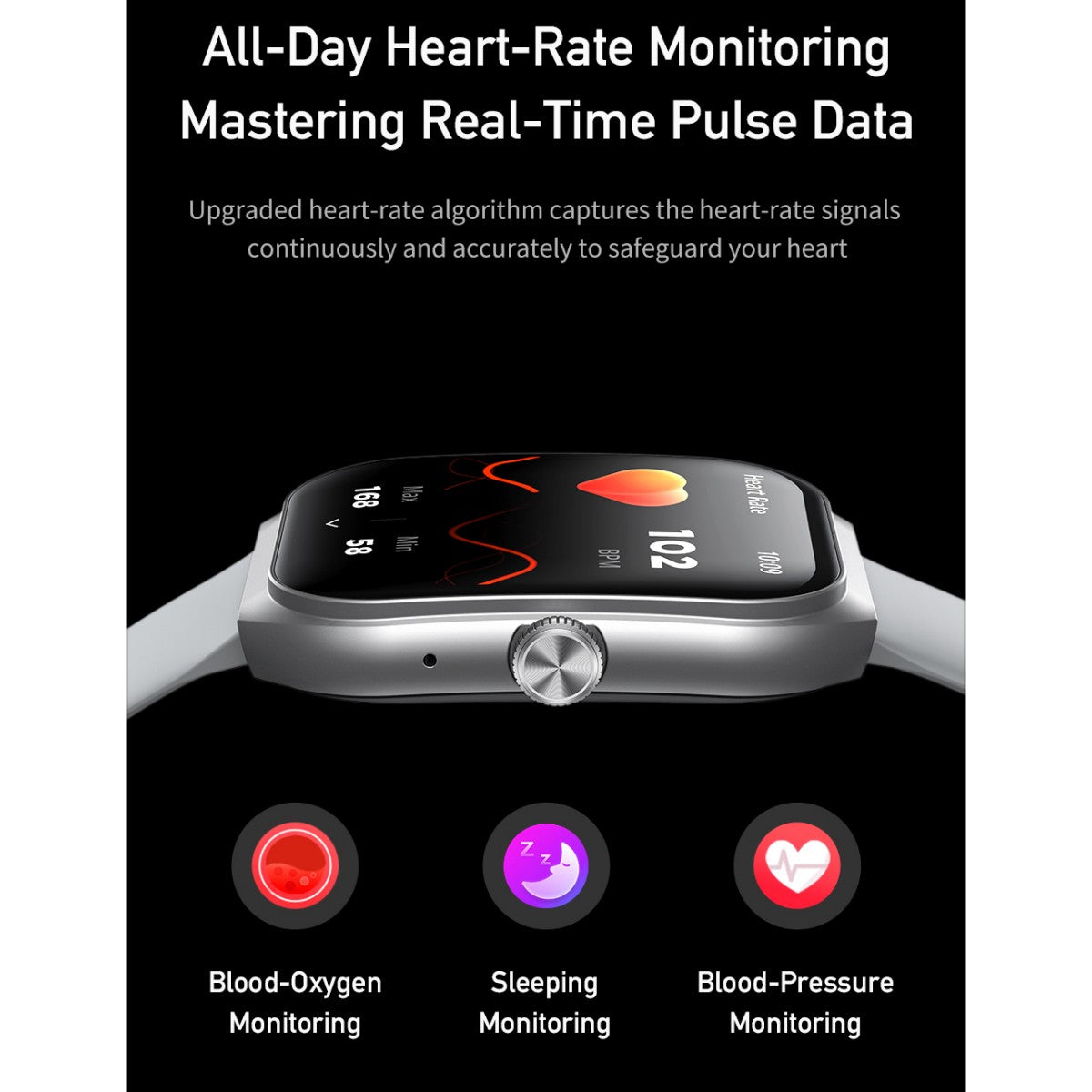 AWEI H46 Smart Watch displaying real-time heart-rate, blood-oxygen, and blood-pressure monitoring on AMOLED screen.