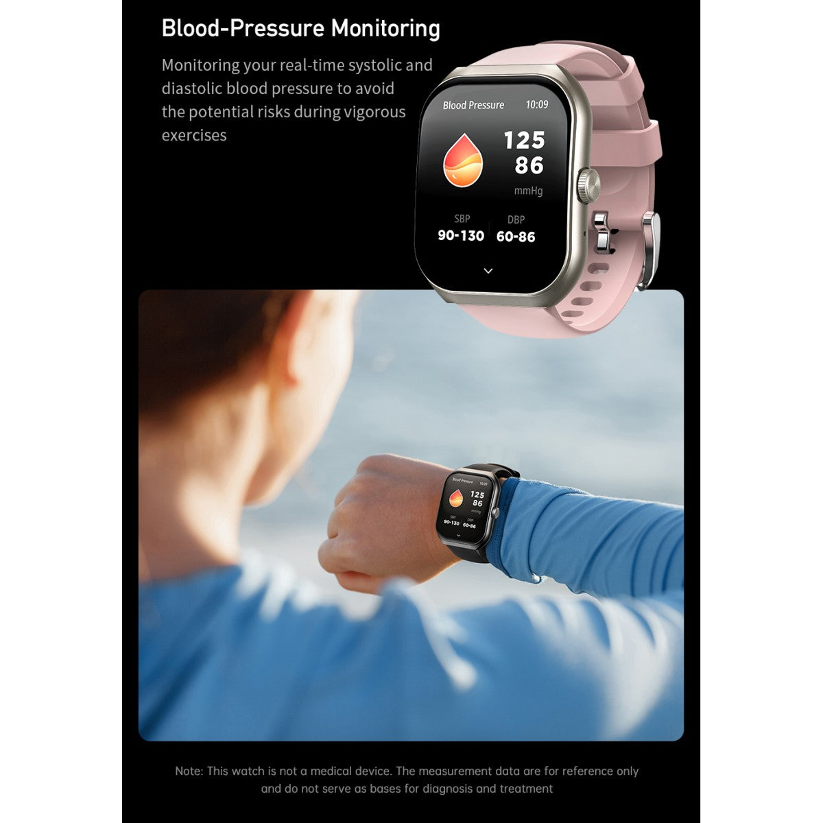 AWEI H46 Smart Watch monitoring blood pressure during exercise, shown on wrist with health data displayed on screen.