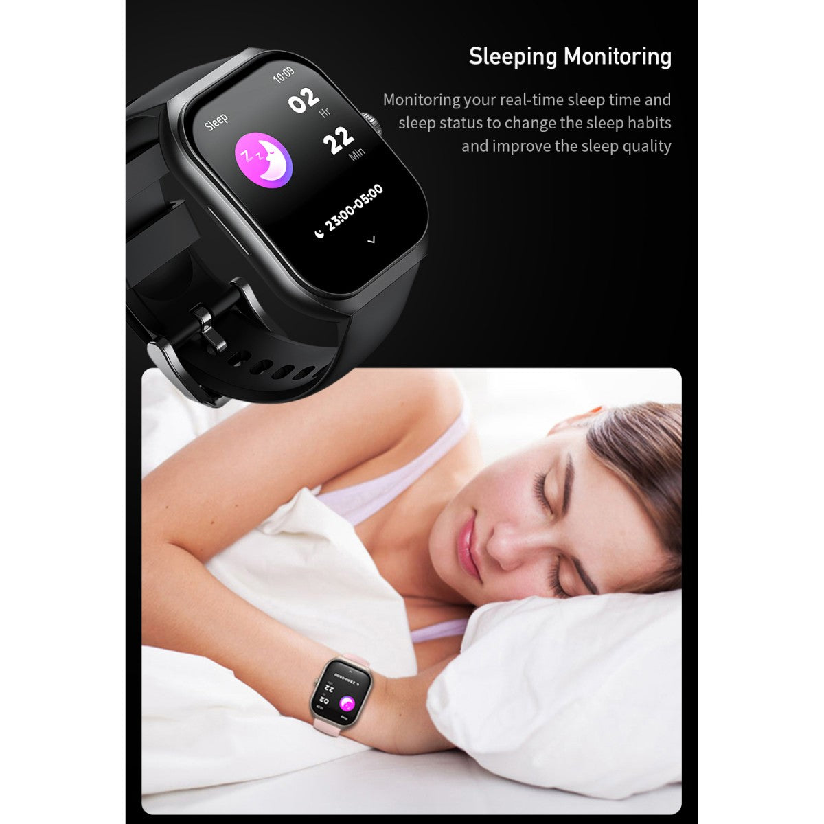 AWEI H46 Smart Watch tracking sleep quality with real-time sleep data, shown on wrist of sleeping woman.