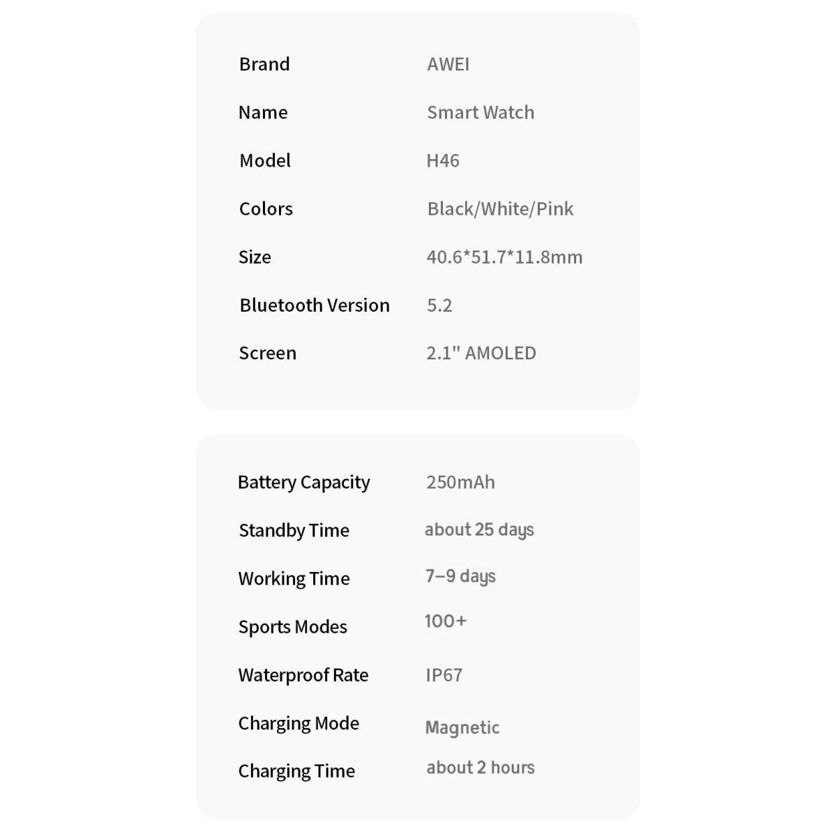 AWEI H46 Smart Watch specifications including 2.1-inch AMOLED screen, 250mAh battery, IP67 waterproof rating, and 100+ sports modes.