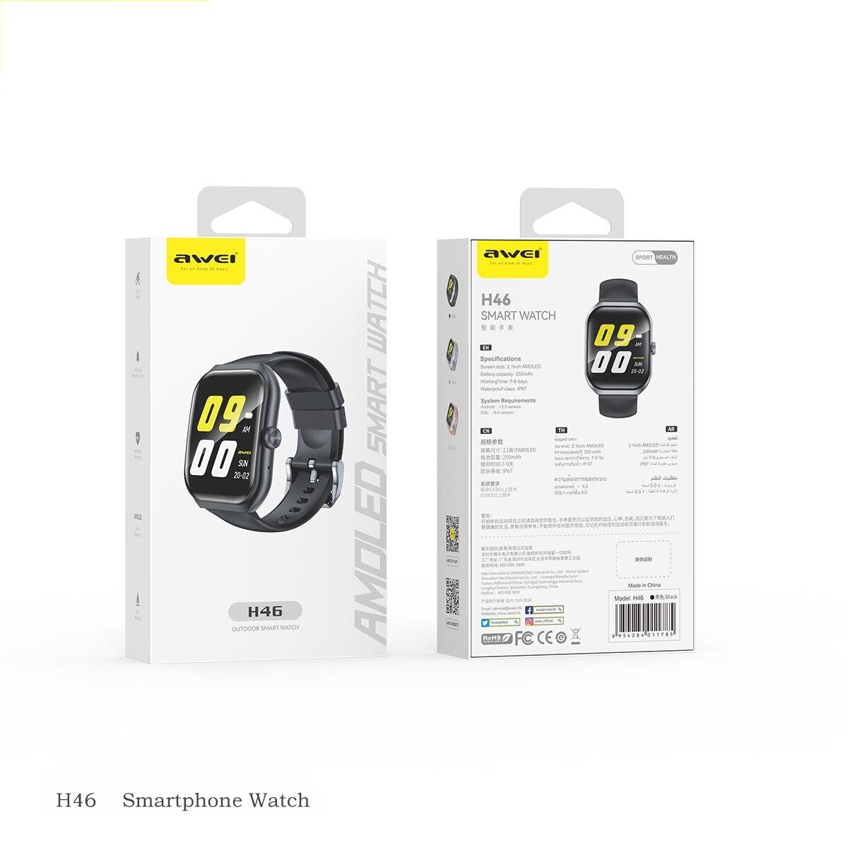 AWEI H46 Outdoor Smart Watch in black packaging with product specifications and smartwatch image on the back panel.