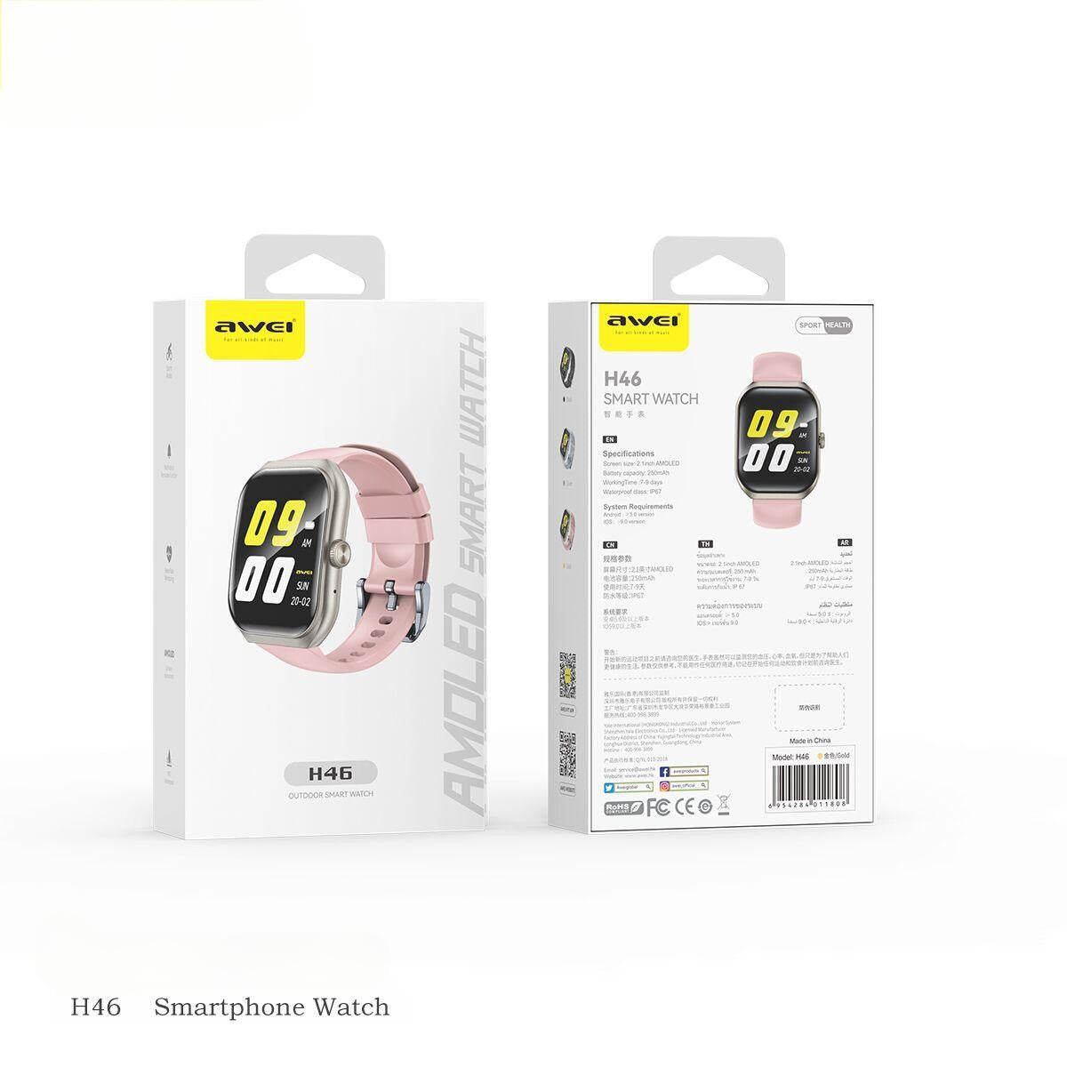 AWEI H46 Outdoor Smart Watch in pink packaging showing front and back views, highlighting AMOLED screen and smartwatch features.