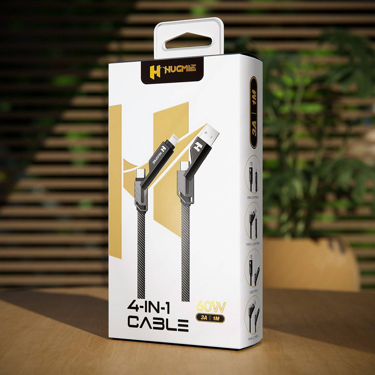 Hugmie HGC01 60W 4in1 fast charging cable in premium packaging, highlighting its multi-functional design and durability.