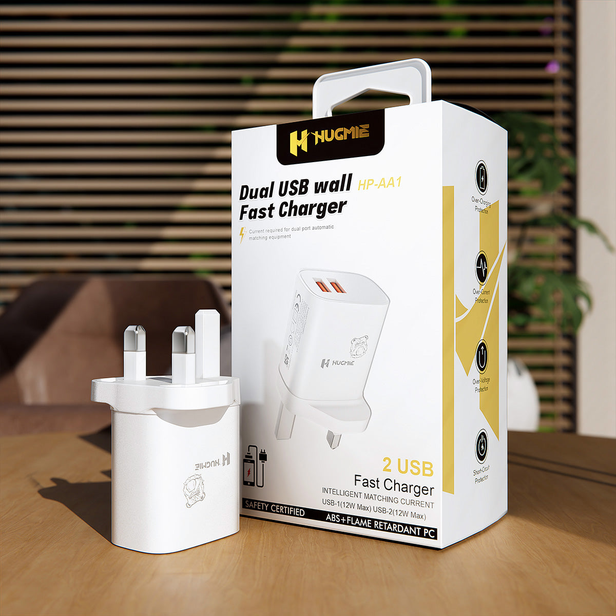 Hugmie® HP-AA1 Dual USB Wall Charger with packaging. Includes a 12W fast charger with dual USB ports, intelligent current matching, and fireproof design.