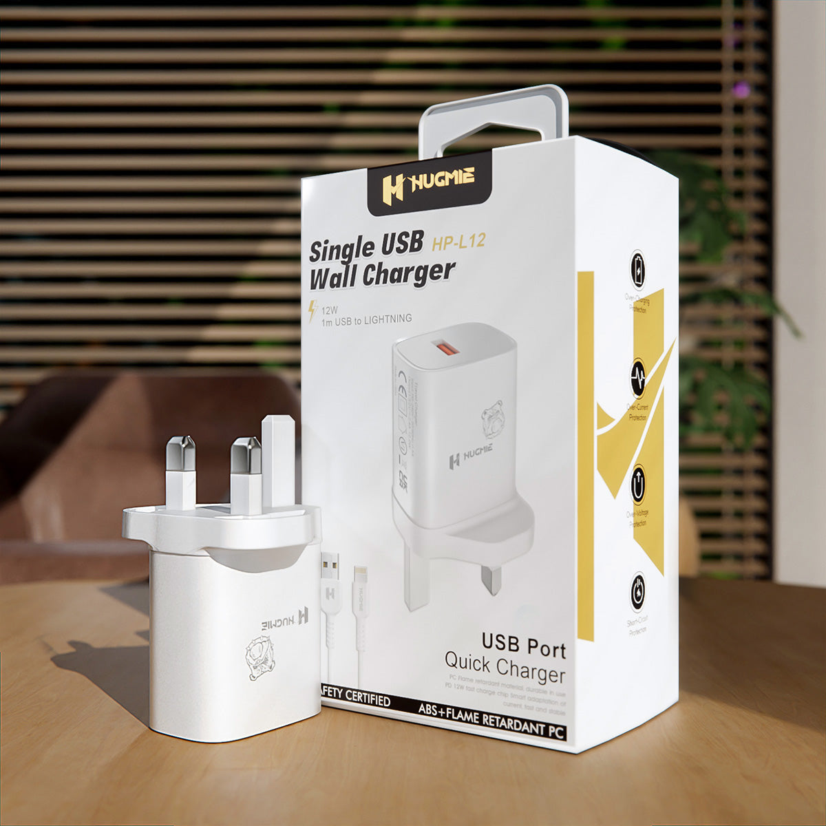 Hugmie® HP-L12 USB Wall Charger in retail packaging, highlighting its USB port, quick charging capability, and safety certifications.