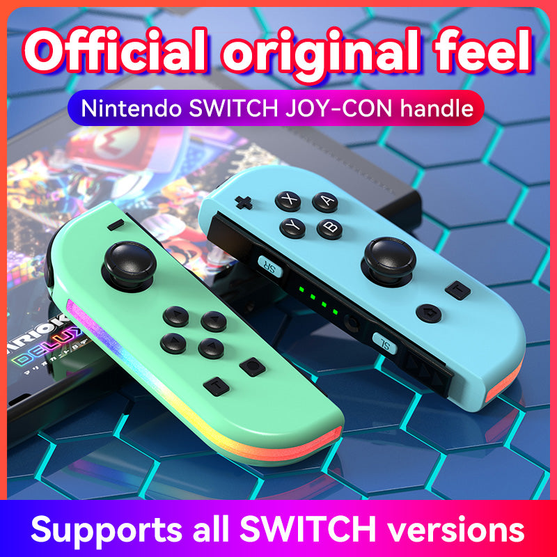 Official feel JOY-02 Nintendo Switch Joy-Con Controller in green and black, compatible with all Switch versions, shown with console.