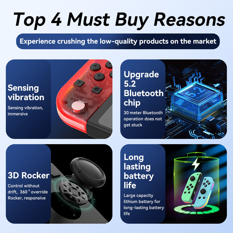 Features of JOY-02 Nintendo Switch Joy-Con Controller including Bluetooth 5.2, 3D rocker, vibration sensing, and long battery life.