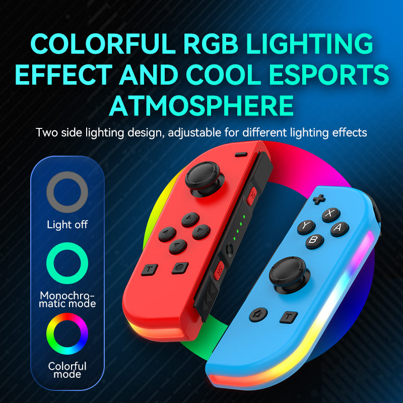 JOY-02 Nintendo Switch Joy-Con Controller with colorful RGB lighting and esports design, adjustable lighting modes shown.
