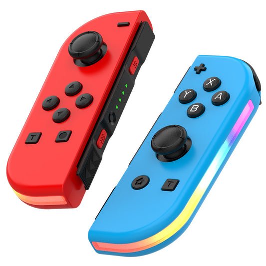JOY-02 Nintendo Switch Joy-Con Controller in red and blue with RGB lighting, dual analog sticks, and ergonomic button layout.
