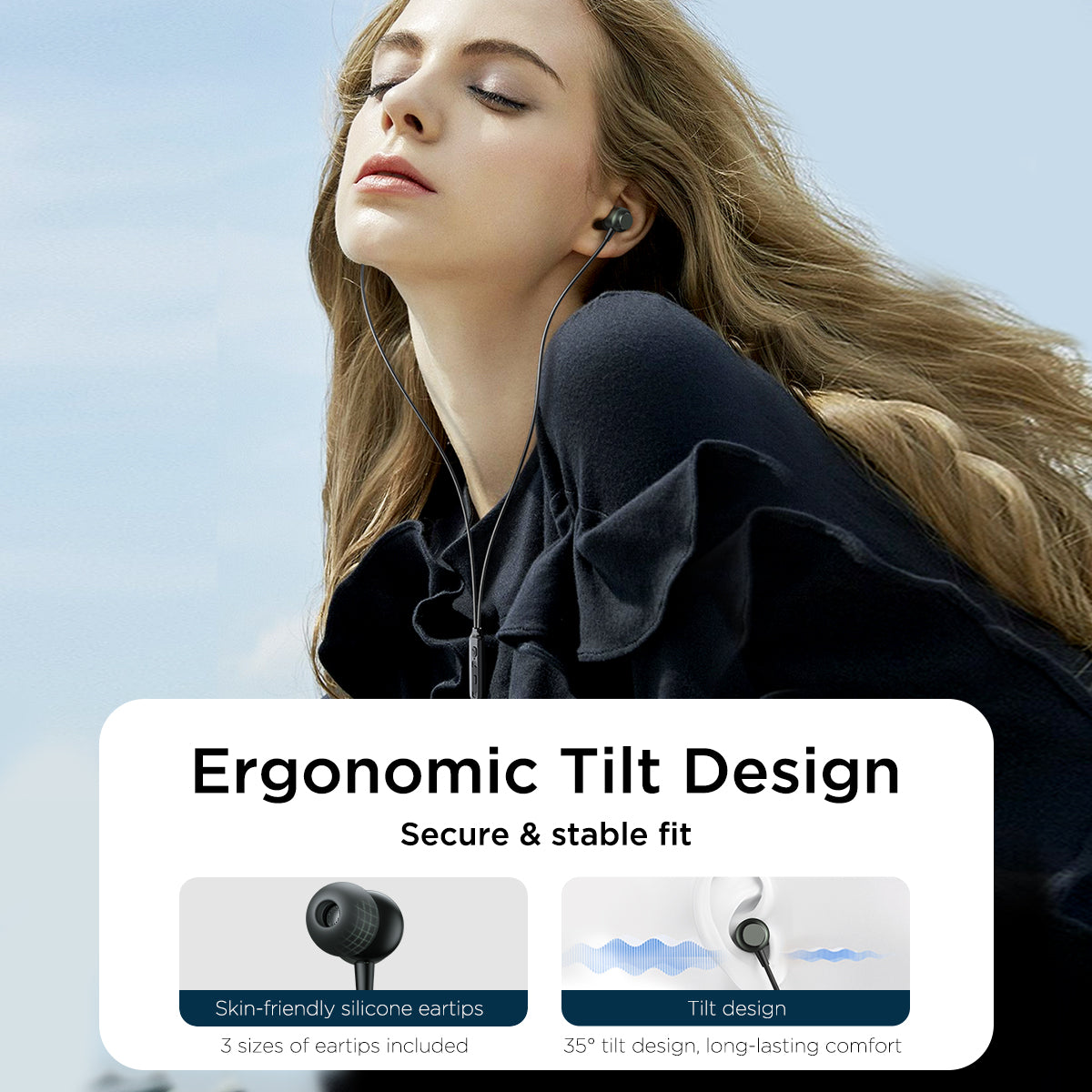 JOYROOM JR-EC06 Type-C In-Ear Wired Earbuds featuring ergonomic tilt design and skin-friendly eartips for secure, long-lasting comfort.