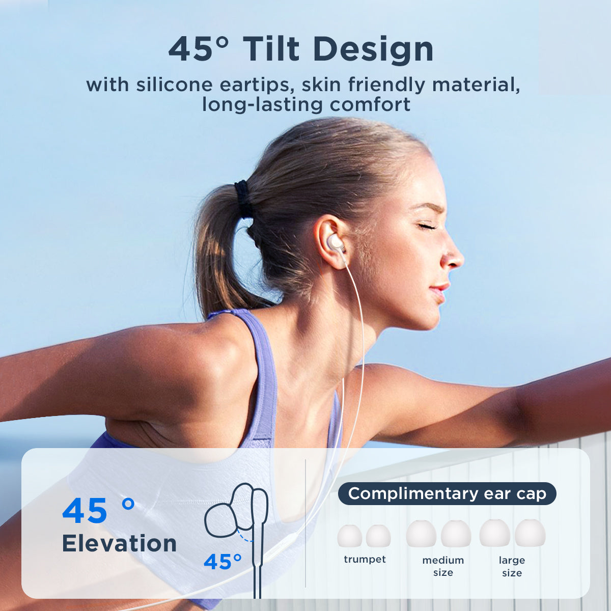 JOYROOM JR-EW02 earbuds with 45° tilt design and skin-friendly silicone eartips for long-lasting comfort, shown worn during exercise.