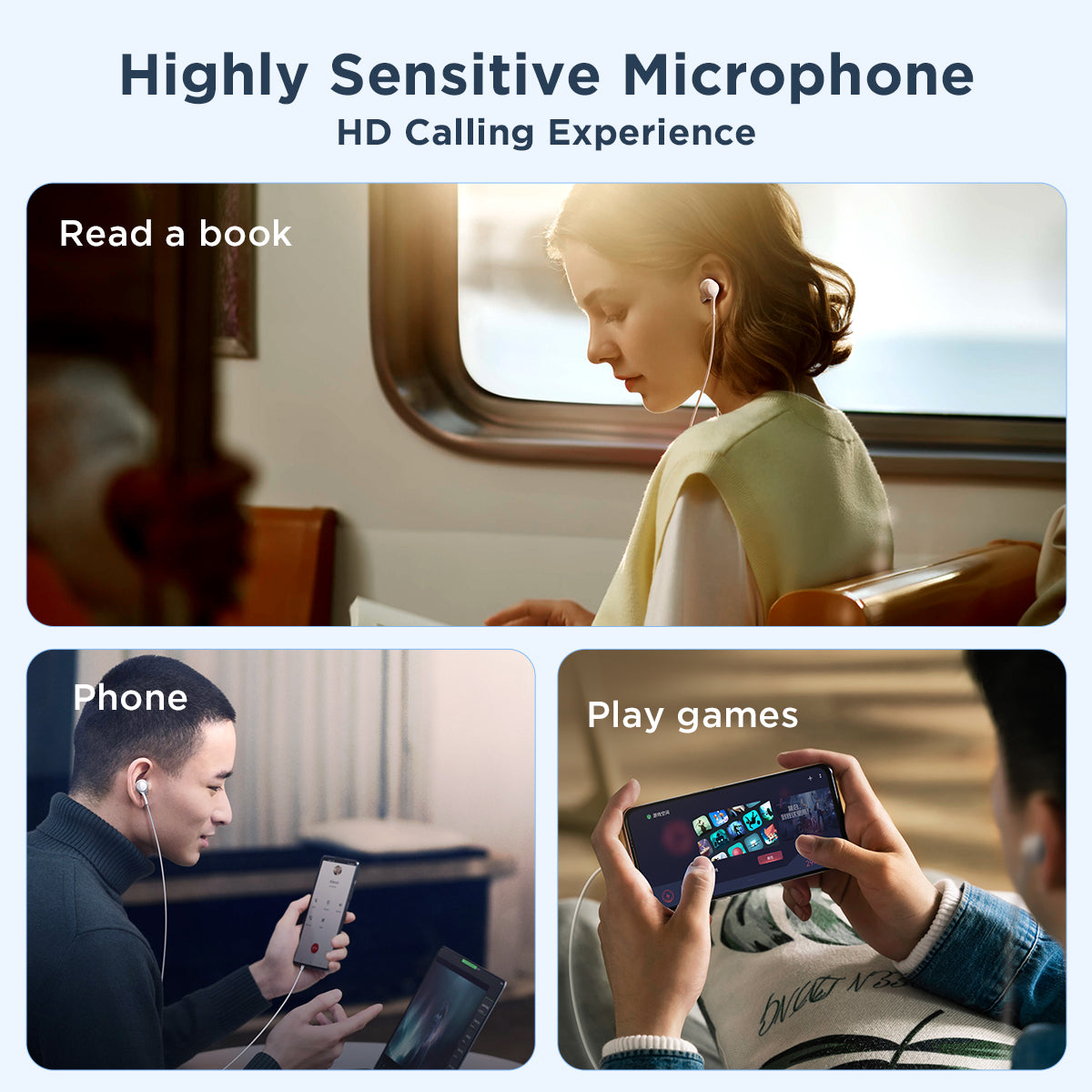 JOYROOM JR-EW02 wired earphones with HD microphone for clear calls, perfect for reading, gaming, and phone use in various settings.