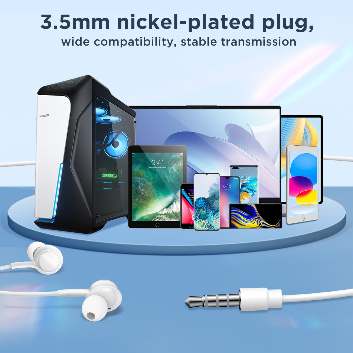 JOYROOM JR-EW02 earbuds with 3.5mm nickel-plated plug, compatible with PCs, tablets, and smartphones for stable audio transmission.