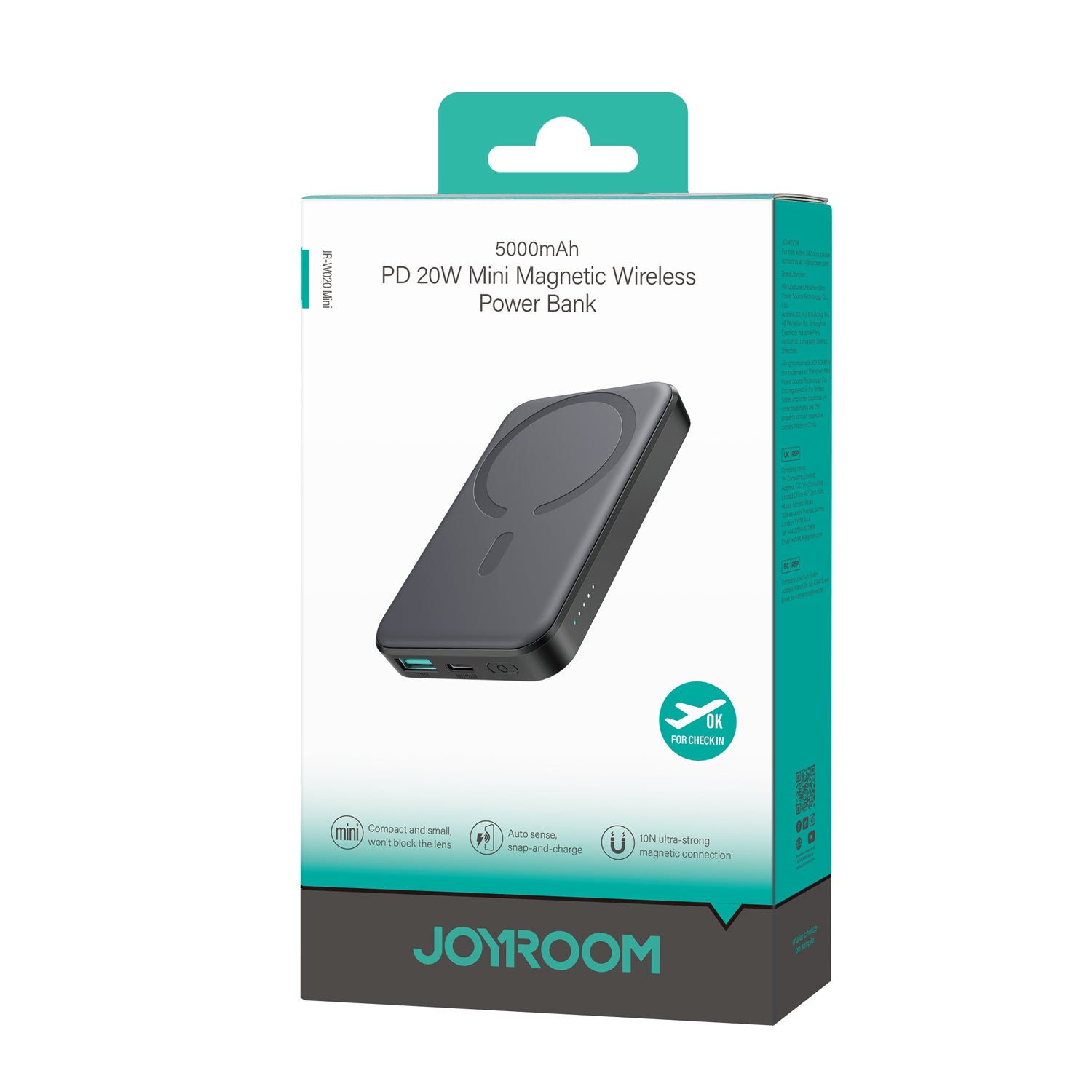 Retail packaging of JOYROOM JR-W020 PD 20W Mini Magnetic Wireless Power Bank 5000mAh with product image and features.