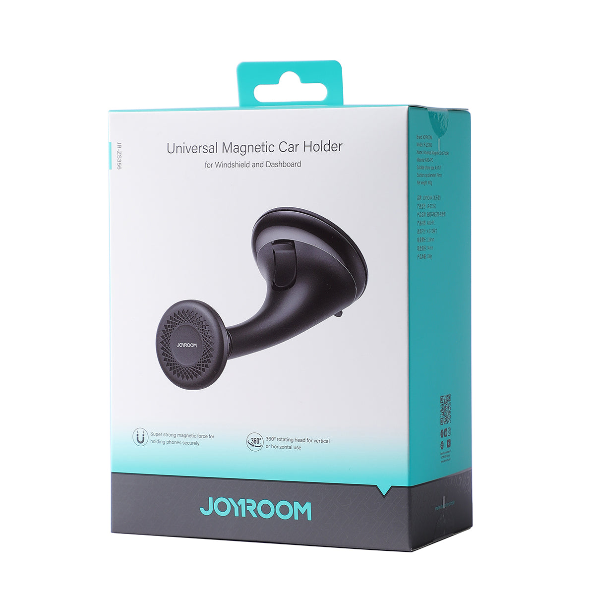 Retail packaging of JOYROOM JR-ZS356 Magnetic Car Phone Holder for windshield and dashboard, highlighting product features and branding.