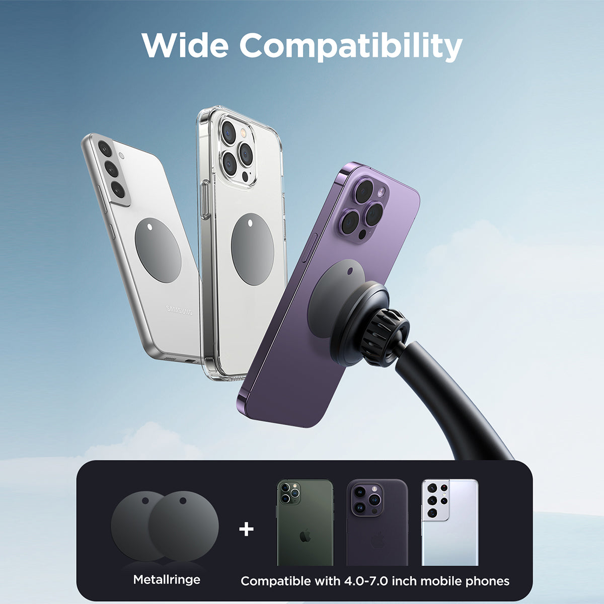 JOYROOM JR-ZS356 Magnetic Car Phone Holder compatible with 4.0–7.0 inch phones, includes metal rings for secure magnetic attachment.