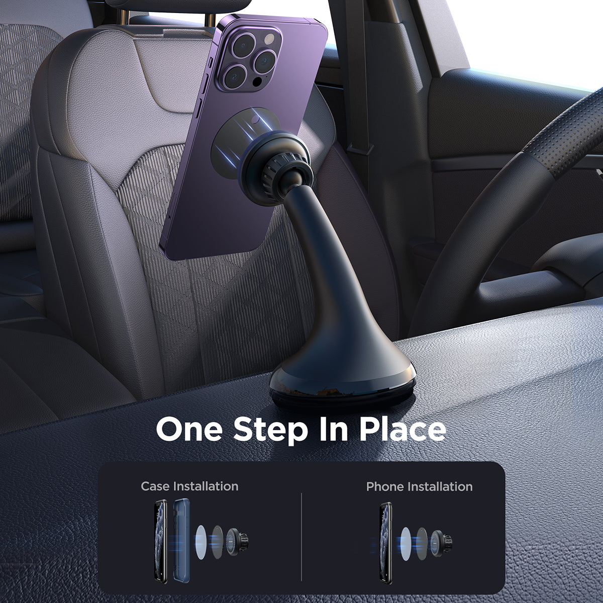 JOYROOM JR-ZS356 Magnetic Car Phone Holder on dashboard with phone attached, showing easy one-step installation for case or phone.