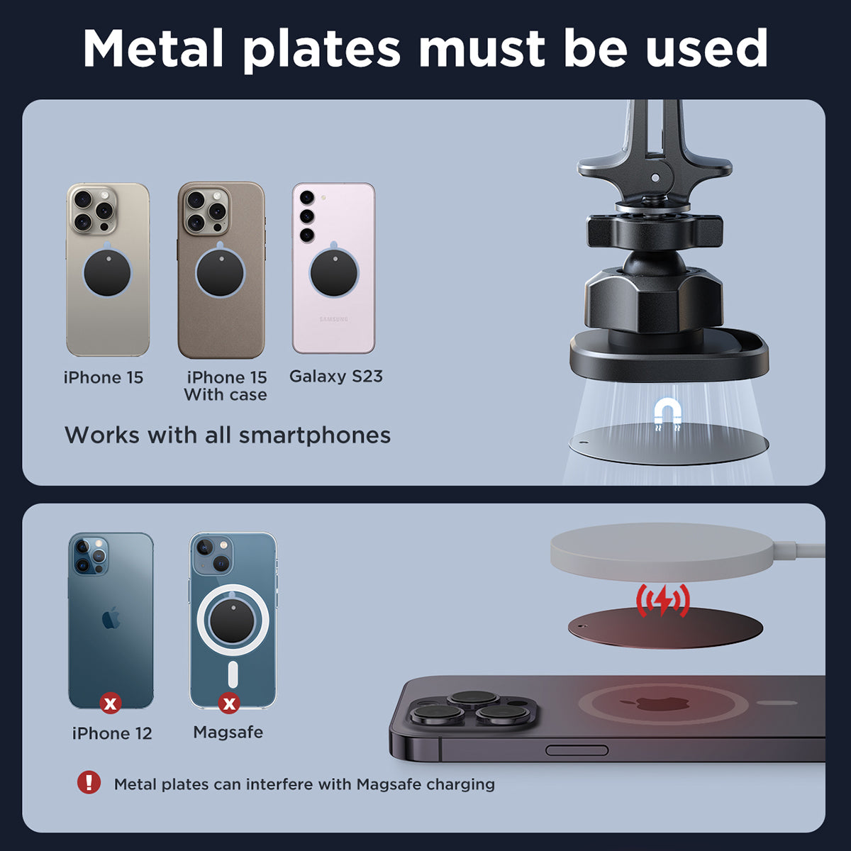 Compatibility guide for JOYROOM JR-ZS400 Magnetic Car Phone Mount showing required metal plates for iPhone and Galaxy models.