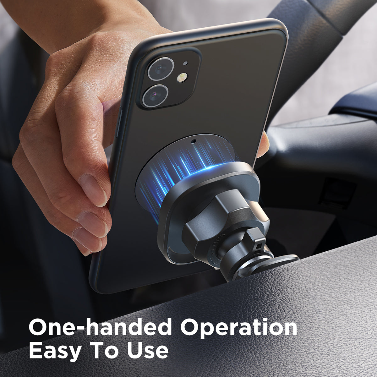 One-handed operation of JOYROOM JR-ZS400 Magnetic Car Phone Mount for easy phone placement and removal while driving.