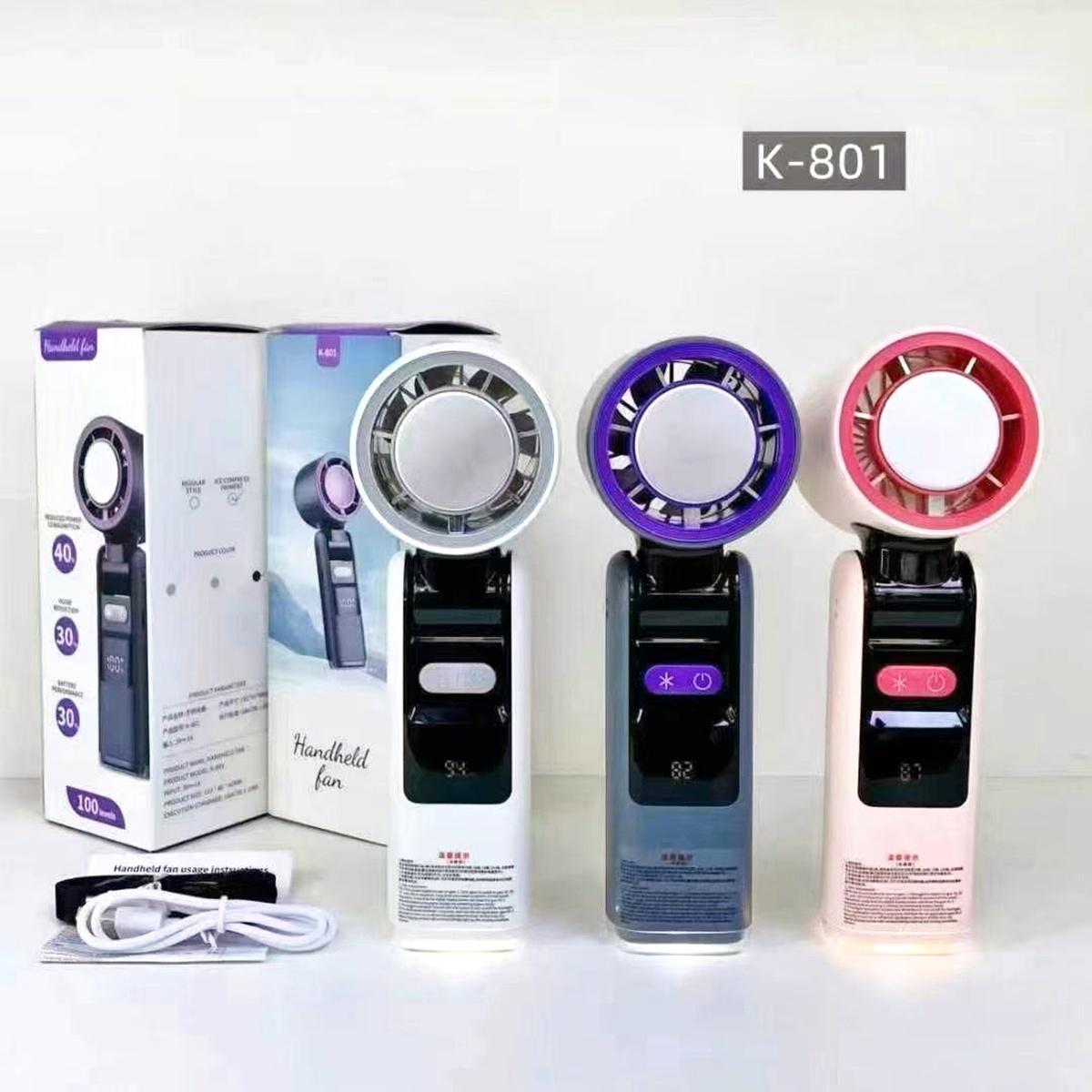 K801 Portable Cooling Handheld Fan with Ice Effect in multiple colors with packaging, USB cable, and digital display for home or travel use.