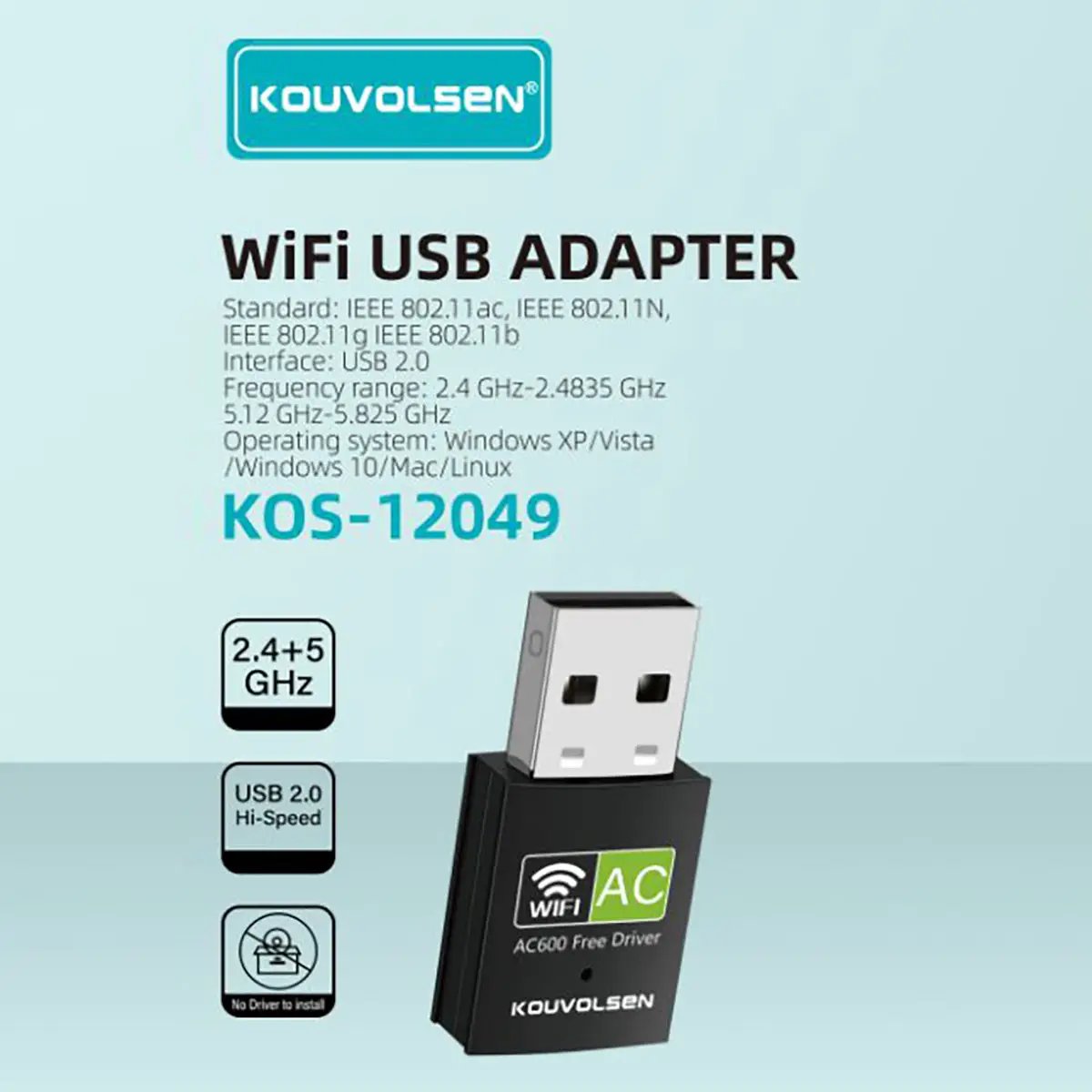 KOS-12049 Driver-Free 600Mbps Mini WiFi USB Adapter with dual-band 2.4GHz and 5GHz support, USB 2.0 interface, and AC600 speed rating.