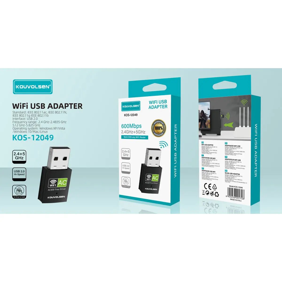 KOS-12049 Driver-Free 600Mbps Mini WiFi USB Adapter product and box layout highlighting dual-band support, USB 2.0, and plug-and-play features.