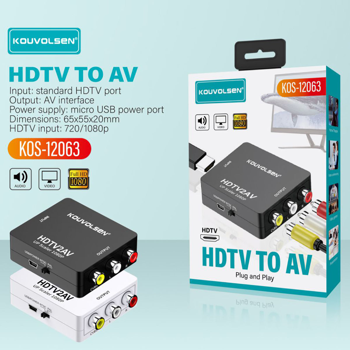 KOS-12063 1080P HDTV to AV Video Converter by Hugmie with AV and USB ports, compact design, and retail packaging for electronics setup.
