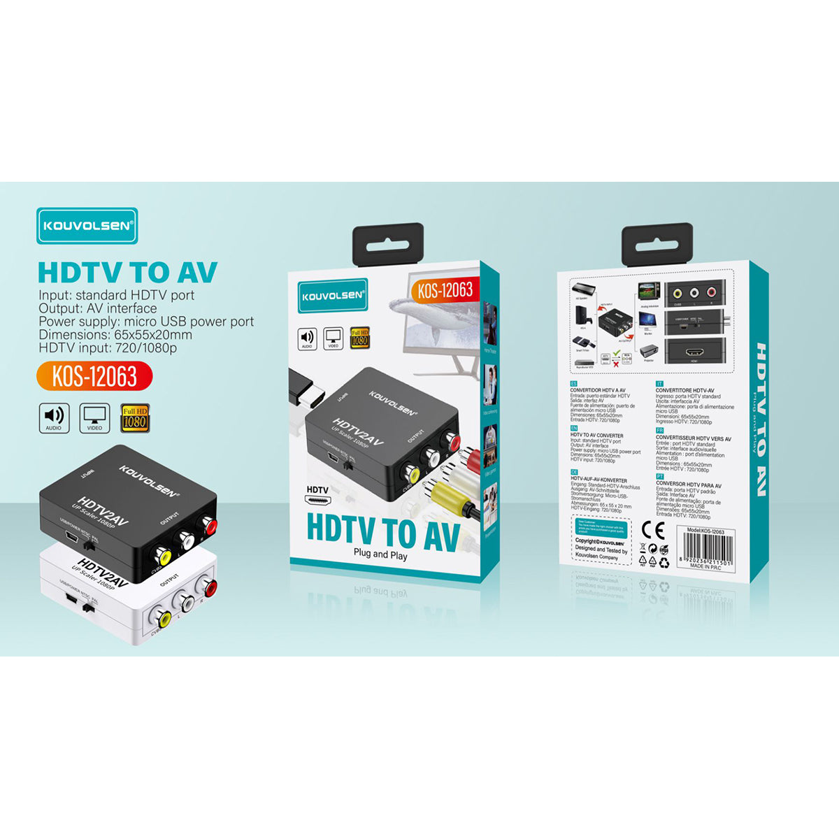 KOS-12063 1080P HDTV to AV Video Converter full retail box view showing input/output ports, product specs, and usage instructions.