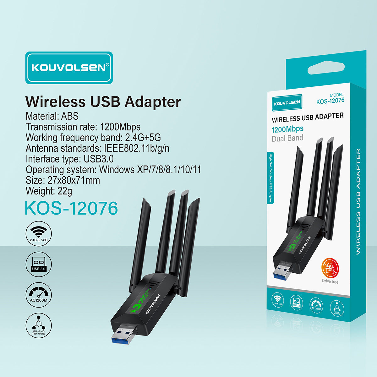 KOS-12076 Dual Band Wireless USB Adapter with four antennas and USB 3.0 interface, supports 2.4G+5G, shown with retail packaging for Windows systems.
