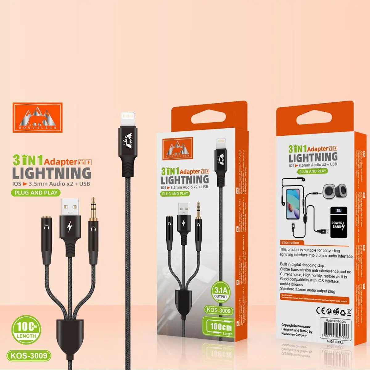 KOS-3009 3-in-1 Adapter Lightning to 3.5mm Audio Cable with USB Charging, 100cm length, shown in retail packaging for iOS devices.