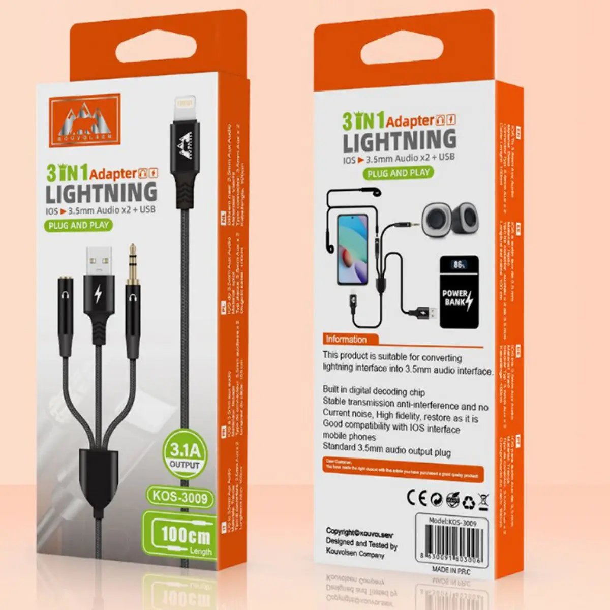 KOS-3009 3-in-1 Lightning Adapter with dual 3.5mm audio and USB charging ports, 3.1A output, ideal for iPhone and power bank use.