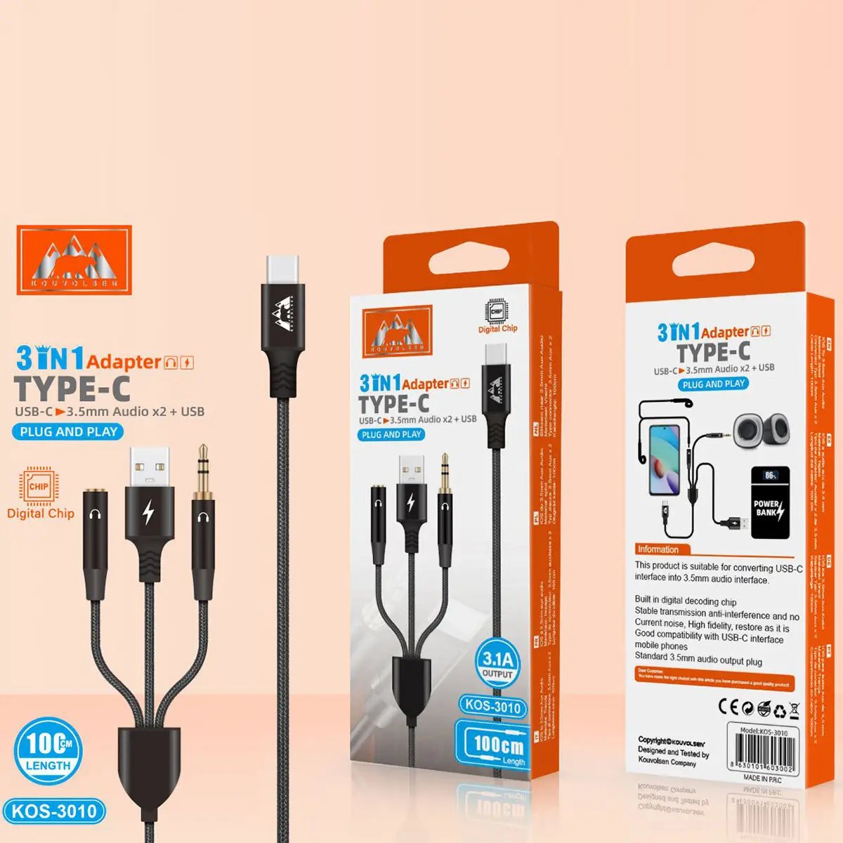 KOS-3010 3-in-1 Adapter Type-C to 3.5mm audio cable with USB charging, shown in retail packaging with product features and digital chip label.