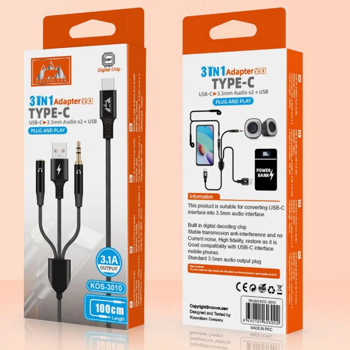 KOS-3010 3-in-1 Adapter Type-C to Audio Cable with USB Charging