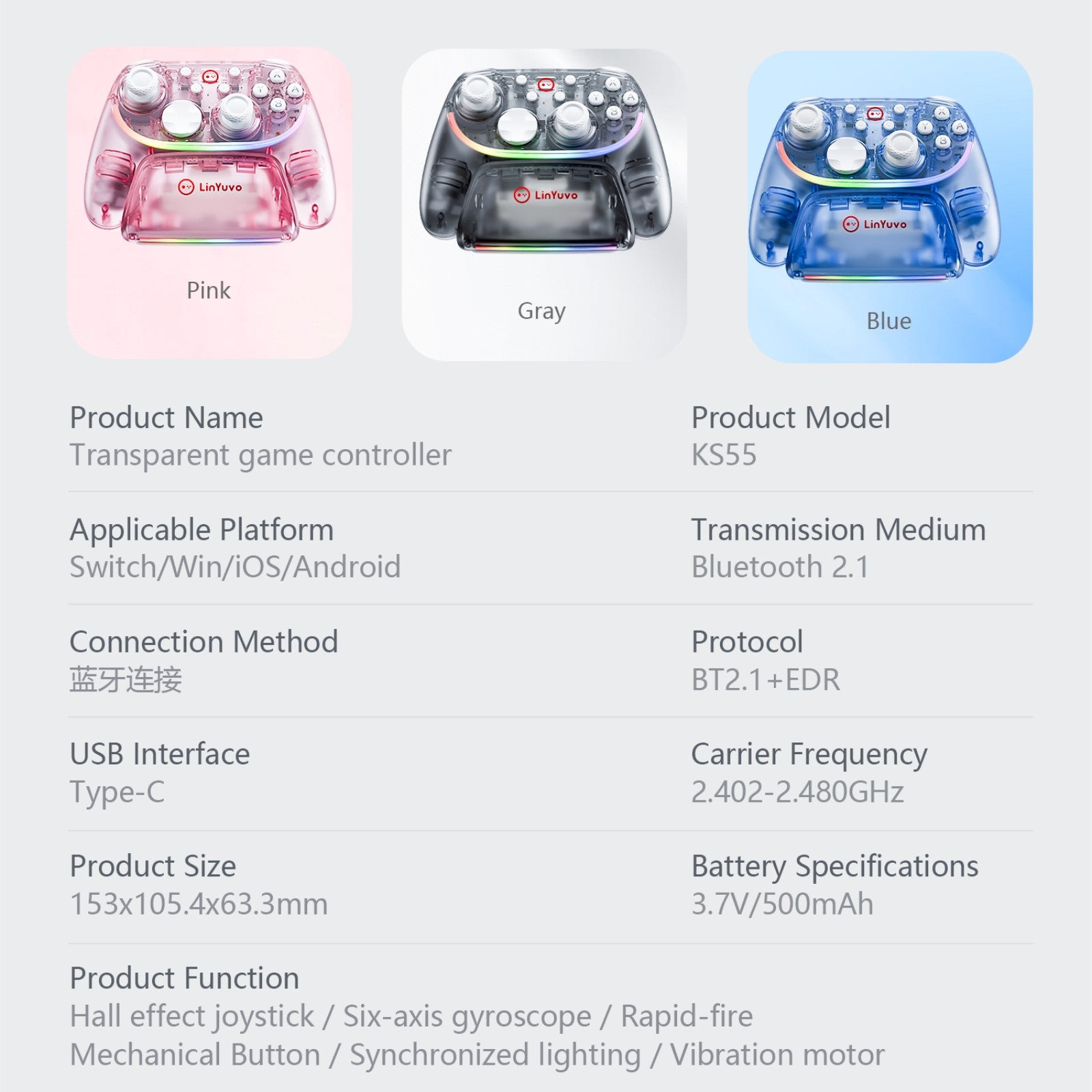 LinYuo KS55 Transparent Game Controller + Charging Dock