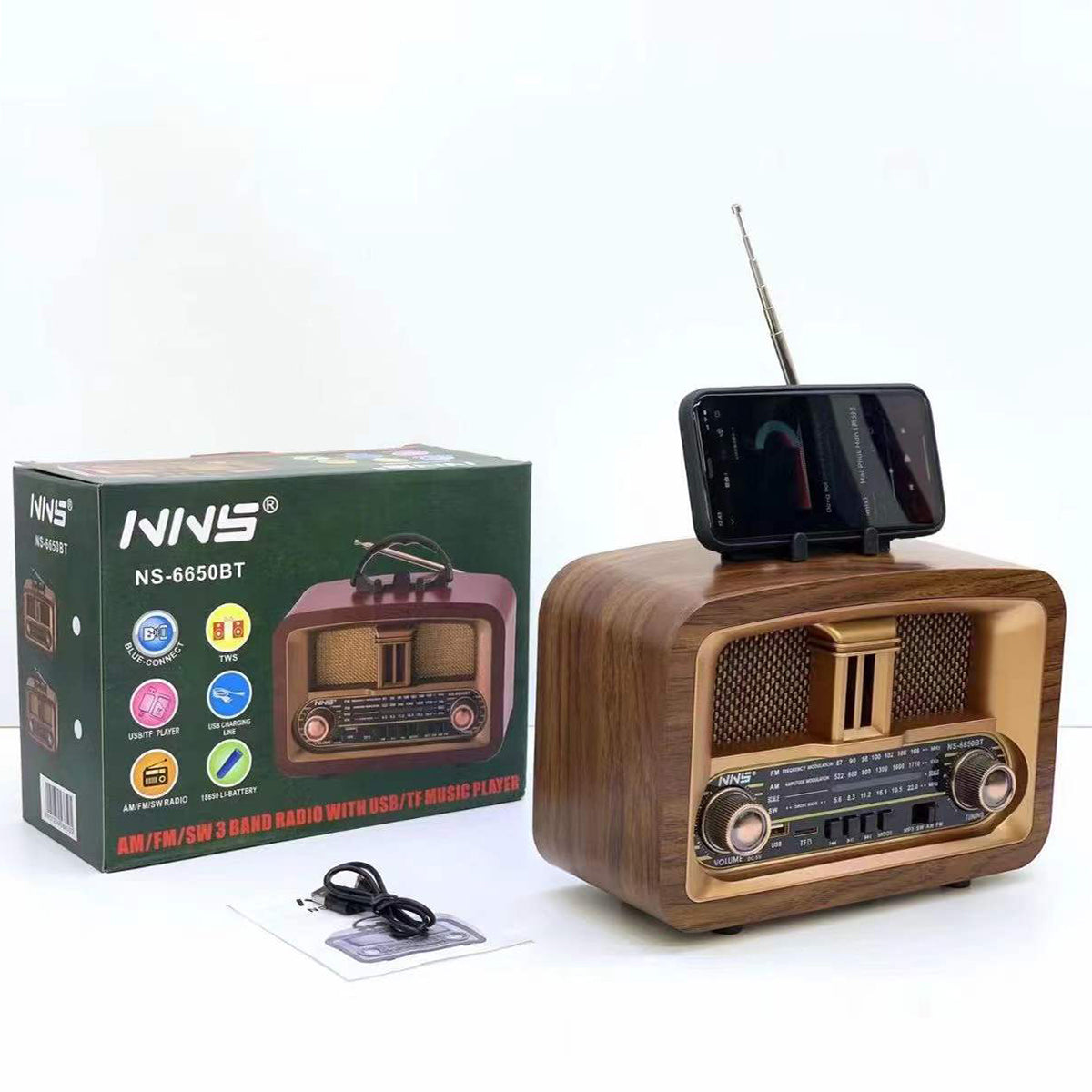 Walnut finish NNS Wooden Retro Portable Bluetooth Speaker NS-6650BT with phone dock, antenna, and USB cable, ideal for mobile playback.