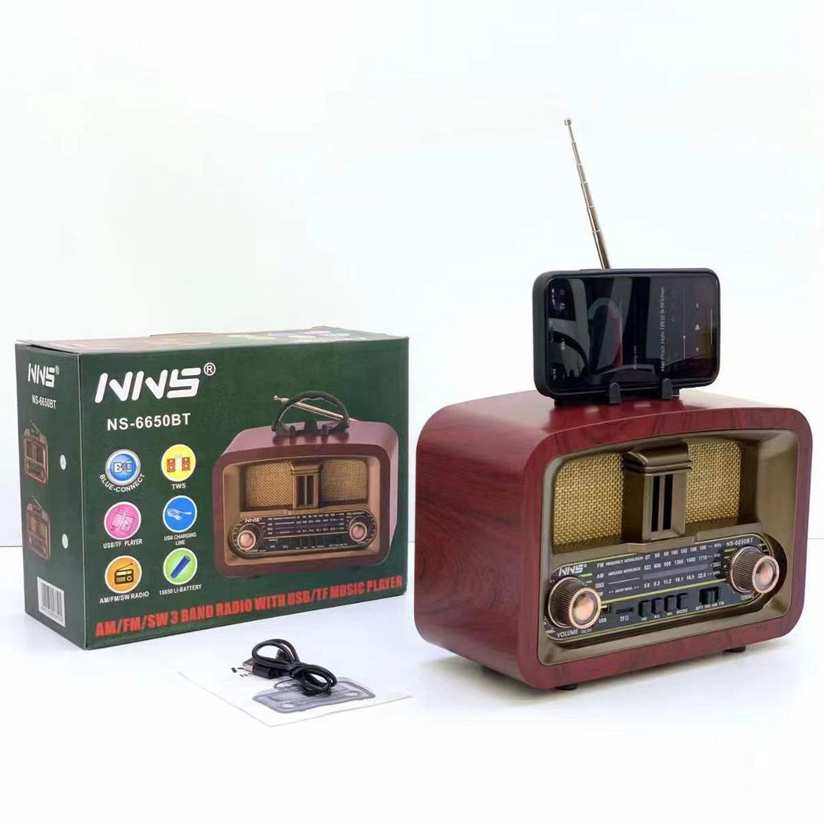 NNS Wooden Retro Portable Bluetooth Speaker NS-6650BT with phone holder slot, antenna, and accessories, displayed beside retail box.