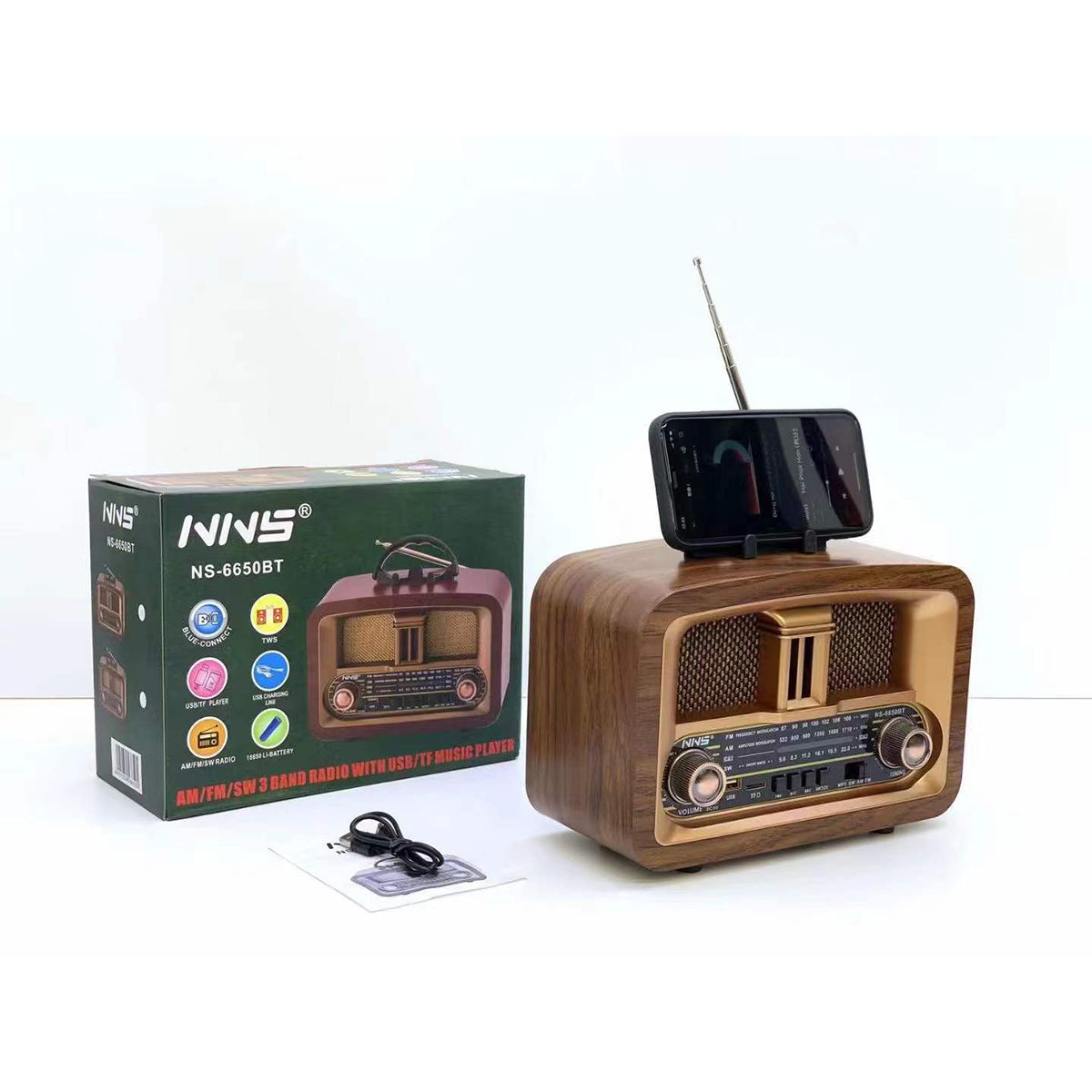 Light wood NNS Wooden Retro Portable Bluetooth Speaker NS-6650BT with phone stand feature, shown with packaging and accessories.