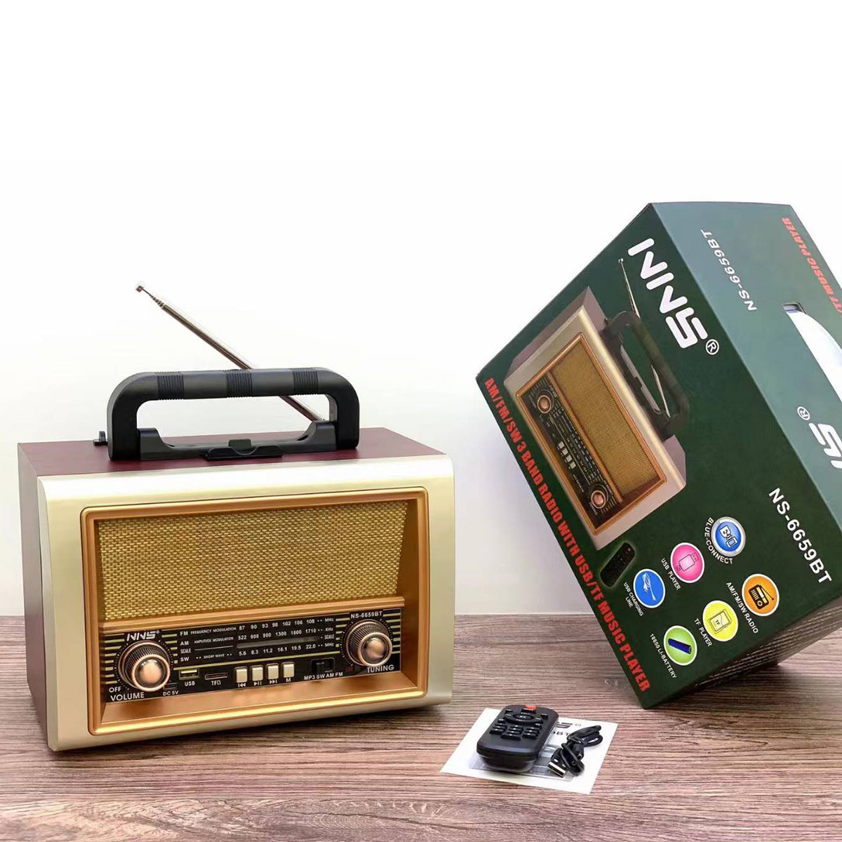 Elegant NNS Wooden Retro Portable Bluetooth Speaker NS-6659BT with gold front panel, remote control, and branded packaging.