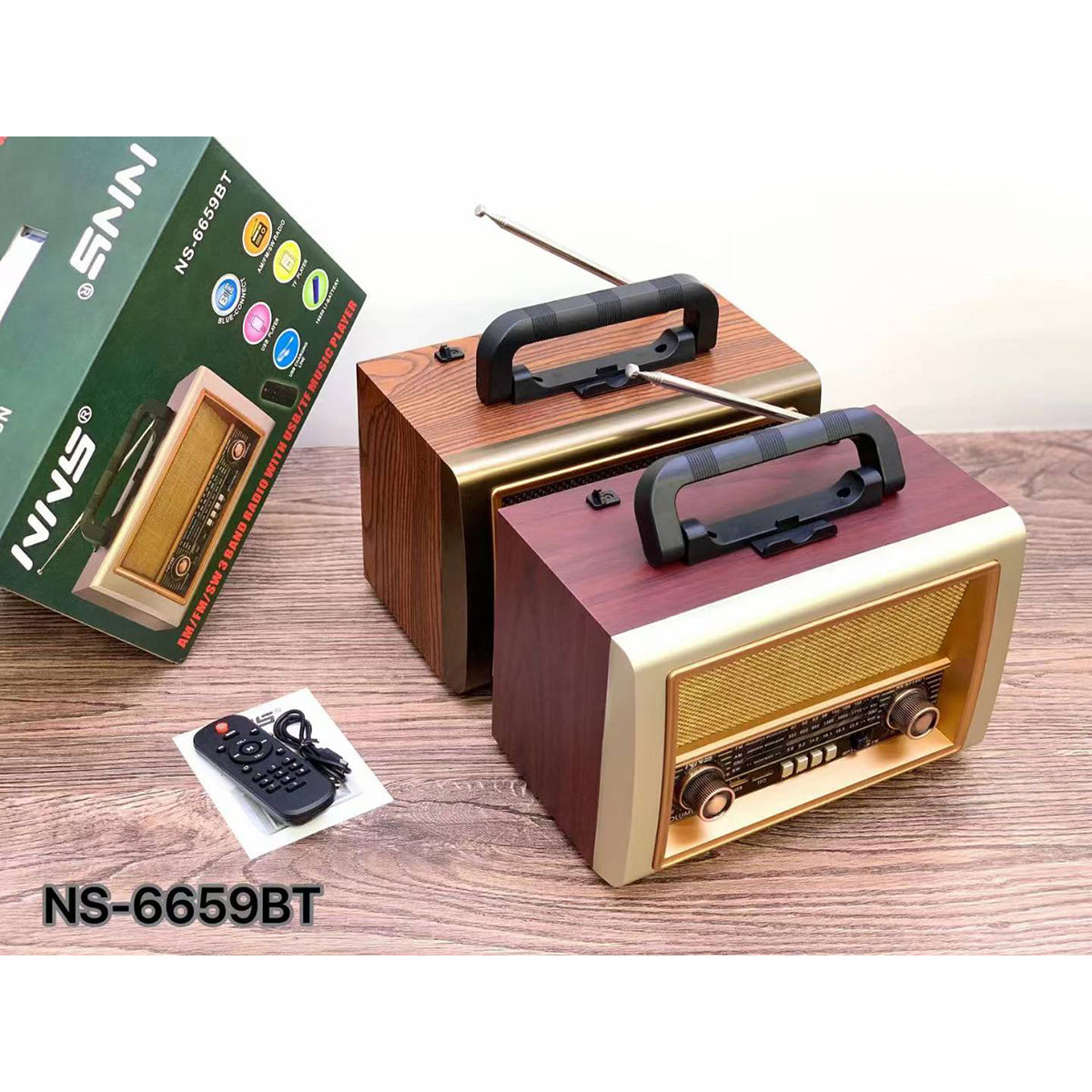 Pair of NNS Wooden Retro Portable Bluetooth Speakers NS-6659BT in two wood tones, shown with remote control and product box.