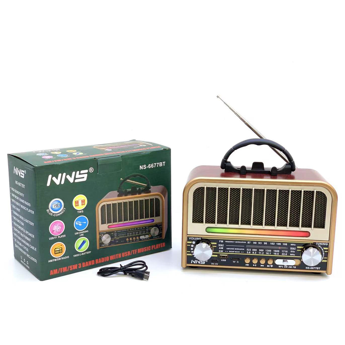 Front view of NNS Wooden Retro Portable Bluetooth Speaker NS-6678BT in red-brown finish, featuring vintage design and included accessories.